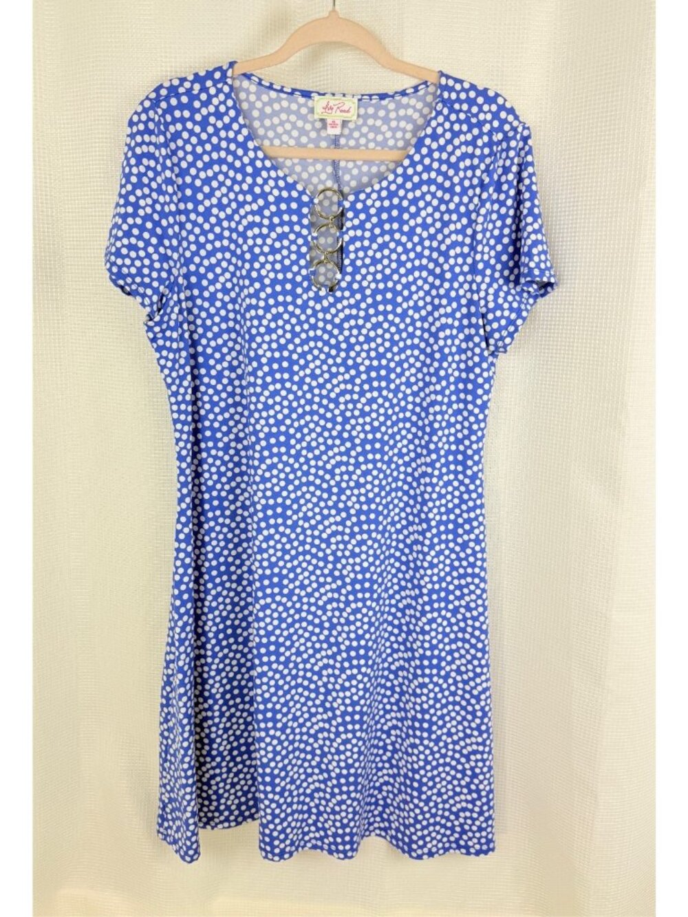 Ivy Road Womens Polka Dot Dress XL Blue White Metal Ring Keyhole Short Sleeve
